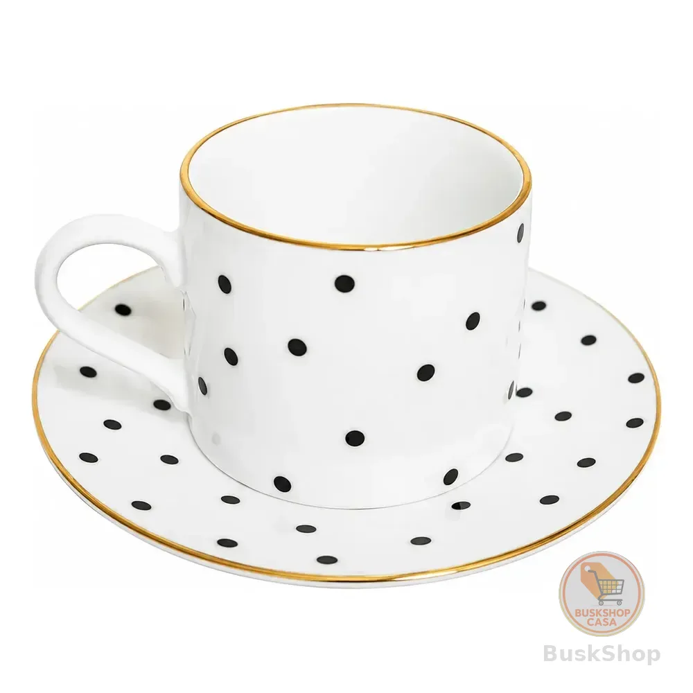 Xícara Chá 200ml Porcelana Poá Preto Filete Ouro Branco