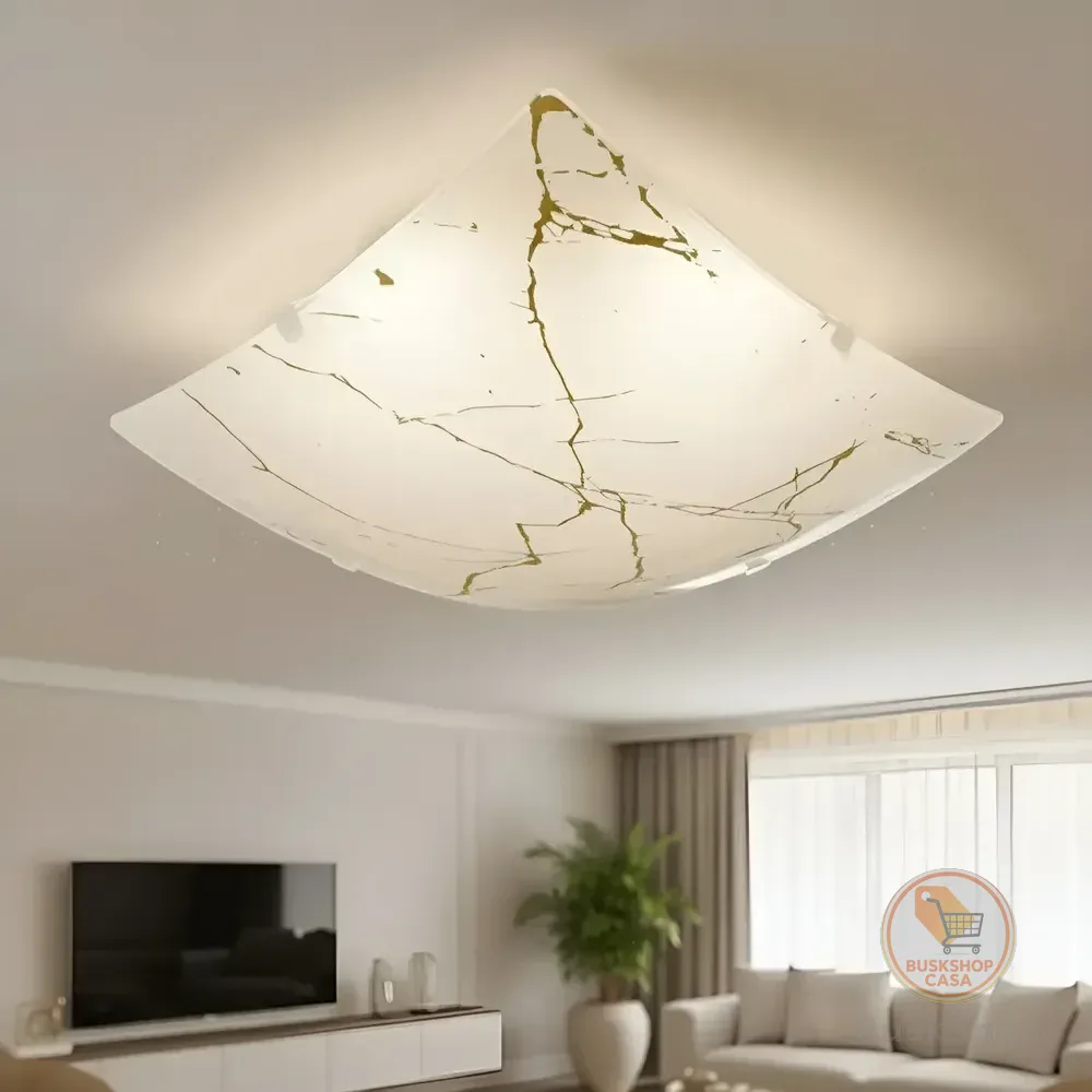 Lustre Plafon Sobrepor Vidro Mármore Dourado Ônix 2 Lampadas Base Branca