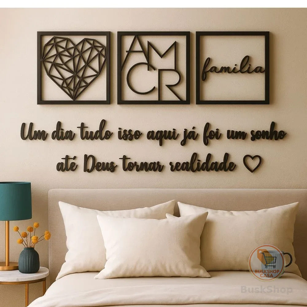 Kit 3 Quadros Cabeceira Familia Coração Geométrico Amor + Frase de Parede Variados Sala Mini coração