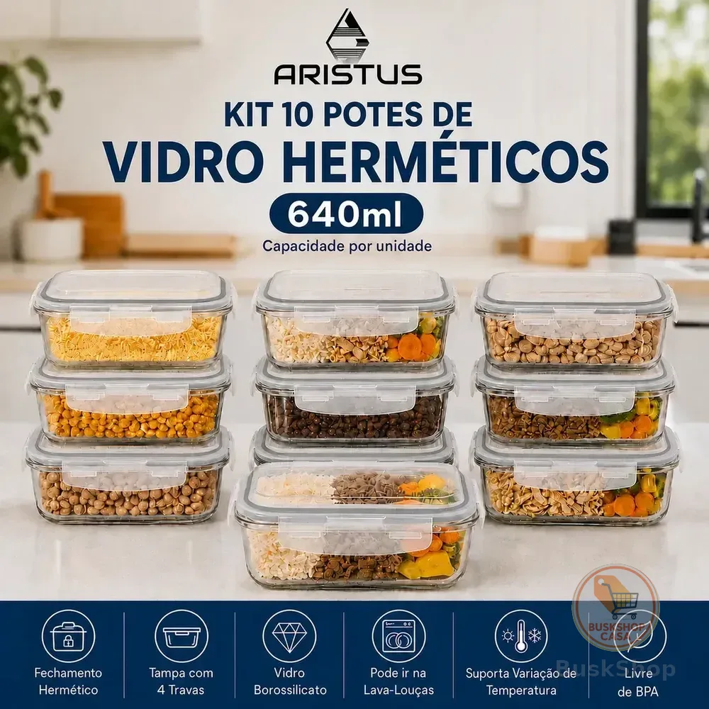 Kit 10 Potes Vidro Hermético Aristus 640ml Marmita Anti Vazamento Forno Micro-ondas Freezer Tampa 4 Travas - Cinza