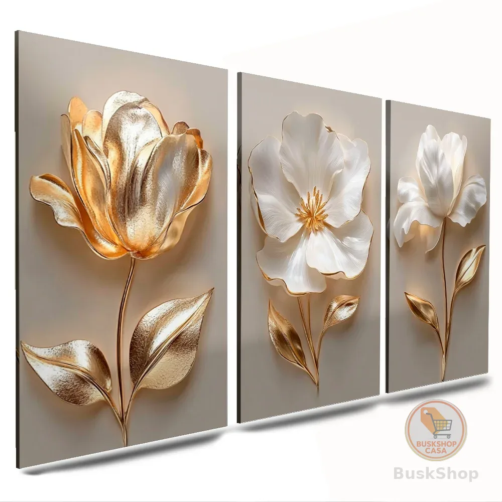 quadro grande para sala cozinha decorativo flor flores top dourado branca