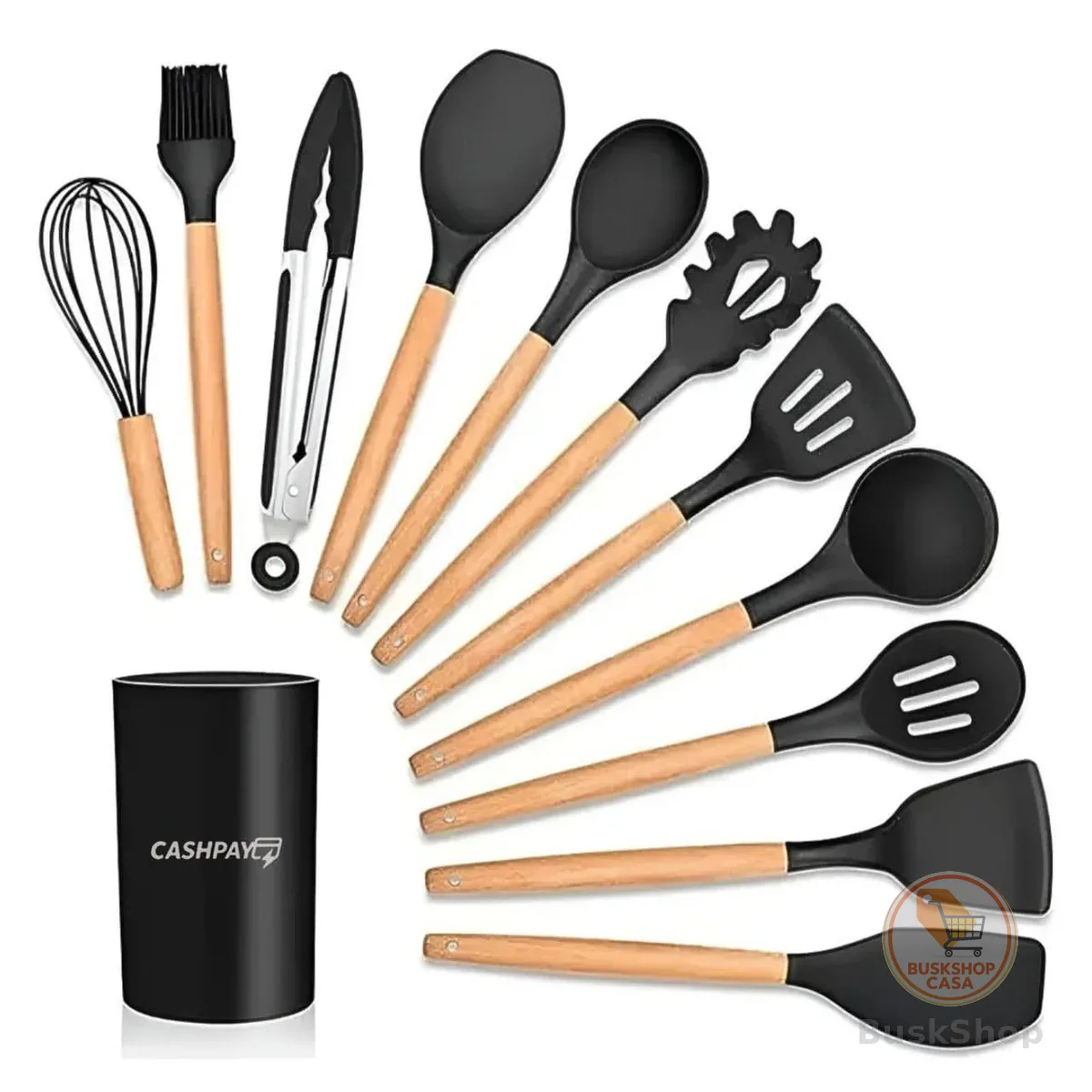 Kit 12 Utensílios De Cozinha Em Silicone E Cabo De Madeira Jogo De Utensílios Resistente ao Calor Antiaderente Premium