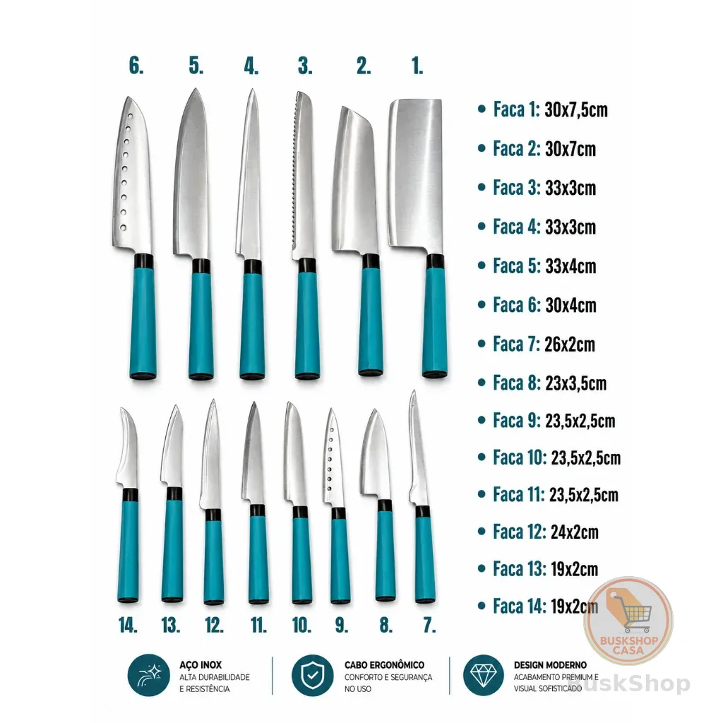 Kit 14 Facas Cozinha Premium Aço Inoxidável Afiado Resistente Talheres Ultraflex Conjunto Completo