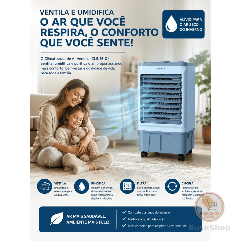 Climatizador de Ar Ventisol CLIN16-01, 16 Litros, 130W, Branco/Cinza