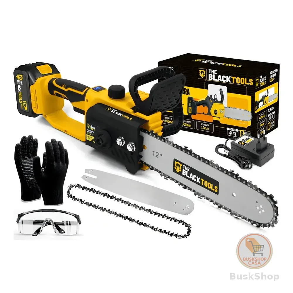 Moto Serra A Bateria 21v 4000mah 300mm 12 Polegadas Tcs21b The Black Tools + Kit Óculos E Luva Amarelo 127/220v 50 Hz/60 Hz