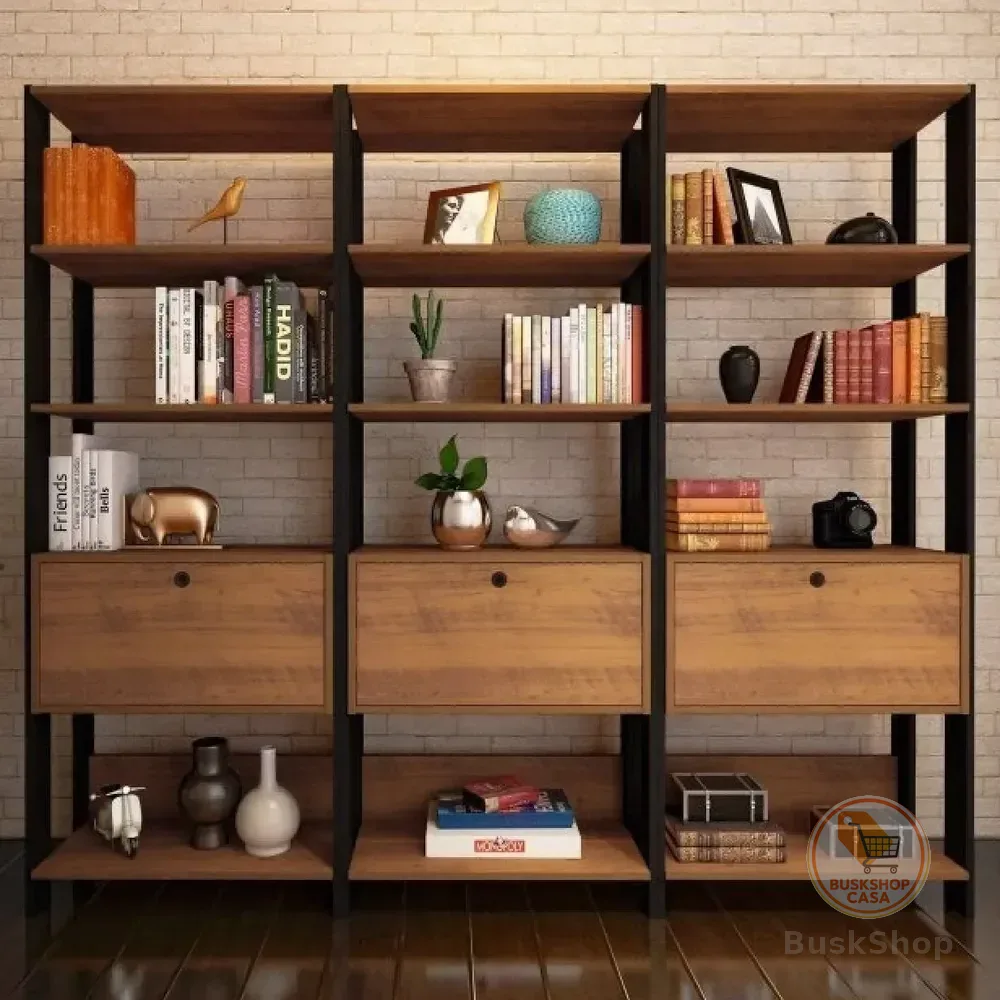 Conjunto 3 Estantes Para Livros Industrial 1 Porta Mdp Db Marrom
