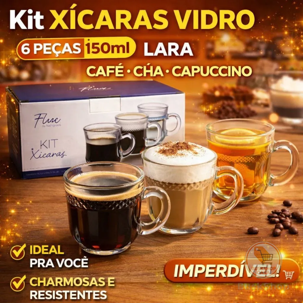 Kit Xícaras de Vidro 150ml com 6 Peças | Café, Chá e Cappuccino – Lara