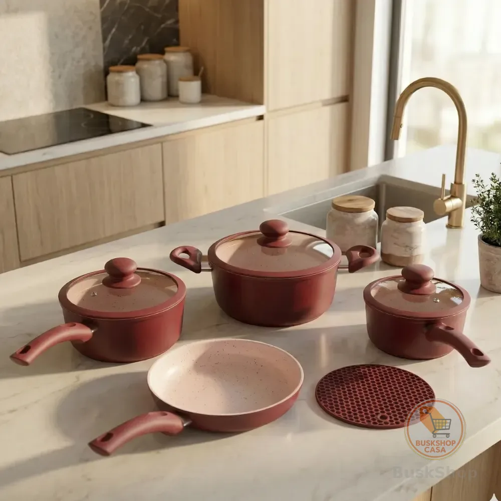 Jogo Panela Ceramica Antiaderente 5pç Tampa Silicone Induçao Vermelho