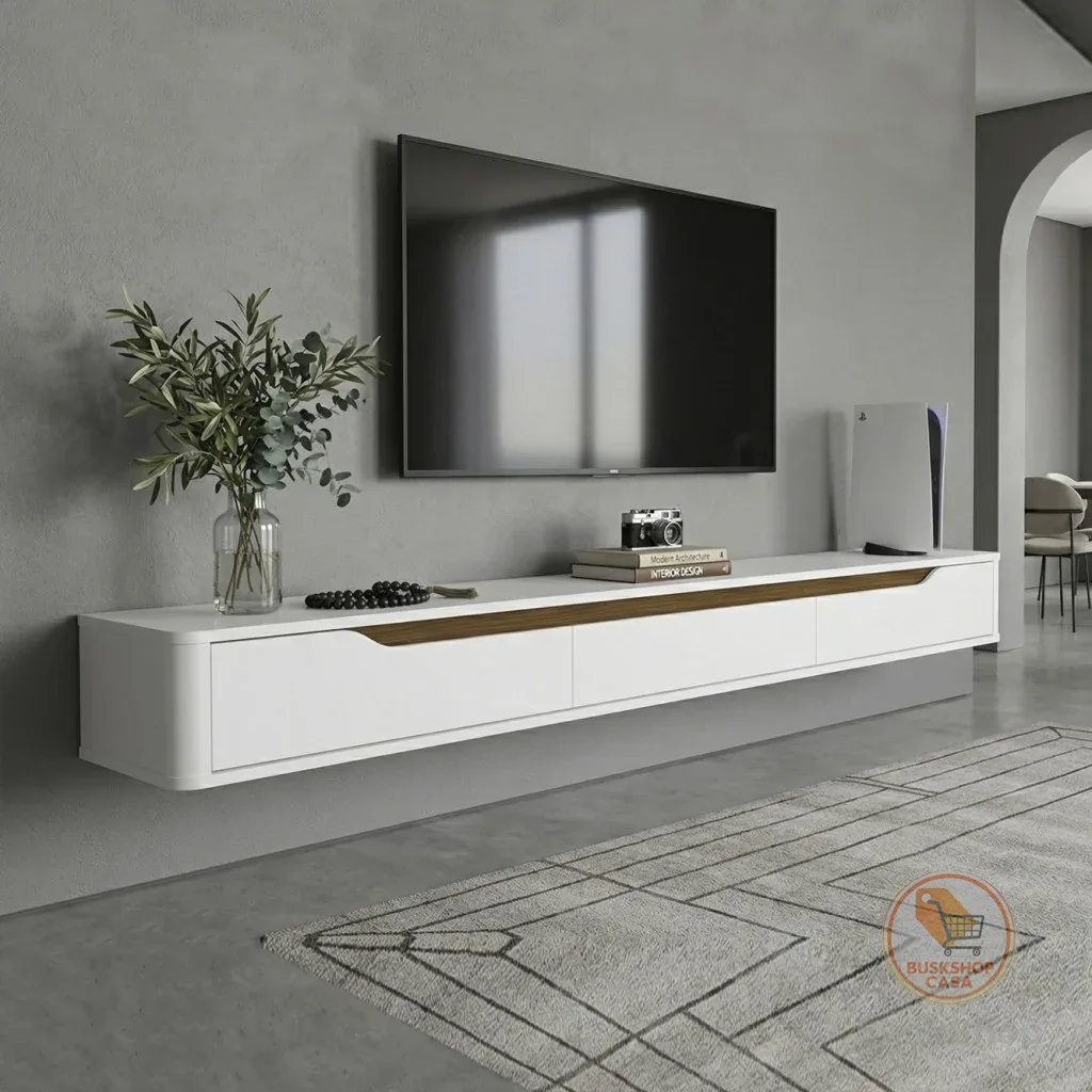 Rack Suspenso Slim Curvo 220cm para TV Até 70” Moderno Luxo com Portas Basculantes - Olivar Móveis