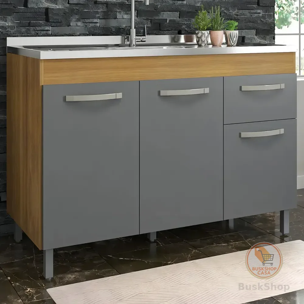 Balcão Cozinha Fiorello Home 120cm Freijó Grafite Gaveta 3 Portas / Nao Incluso A Pia