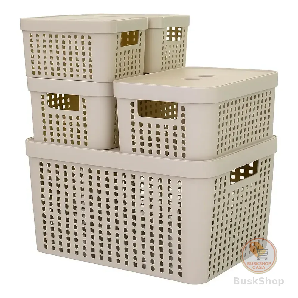 Kit 5 Caixas Organizadoras 2l 4,5l 17l Com Tampa Multiuso Cor Bege Liso