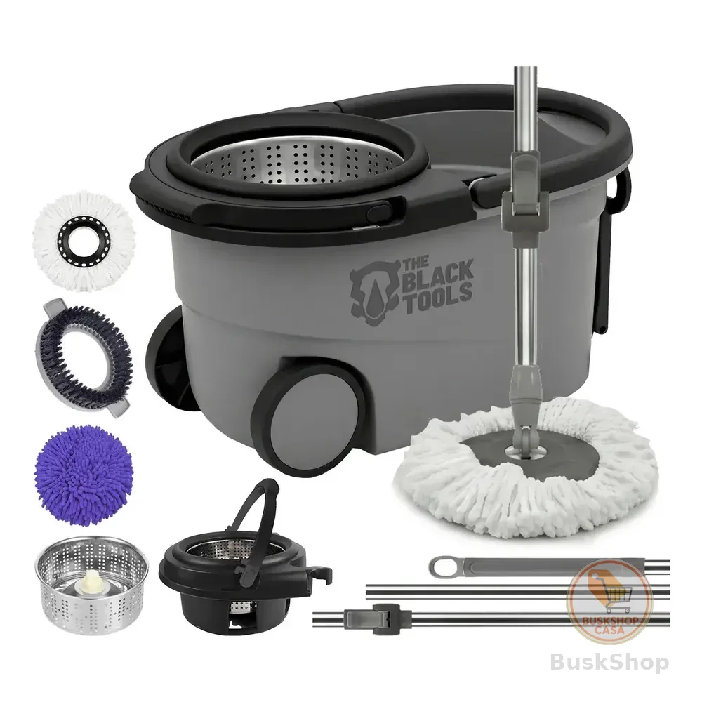 Esfregão Mop 360° Balde Inox Com Rodas Microfibra 16 Litros Cabo Longo Alça Cinza Tbbl04 The Black Tools