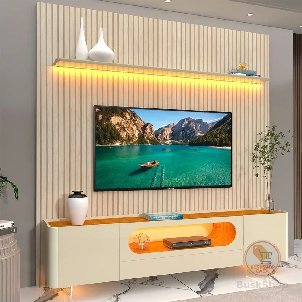 Rack com Painel Ripado para TV até 90 Polegadas com LED 100% MDF 224CMX310,5cm 1 Gaveta 2 Portas Vidro Requinte Nobre