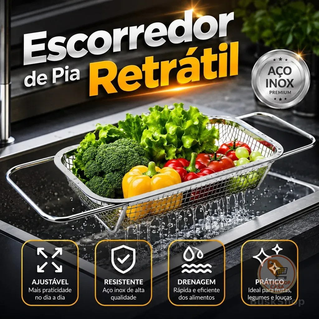 Escorredor de pia inox peneira Alça retrátil fruteira alimentos
