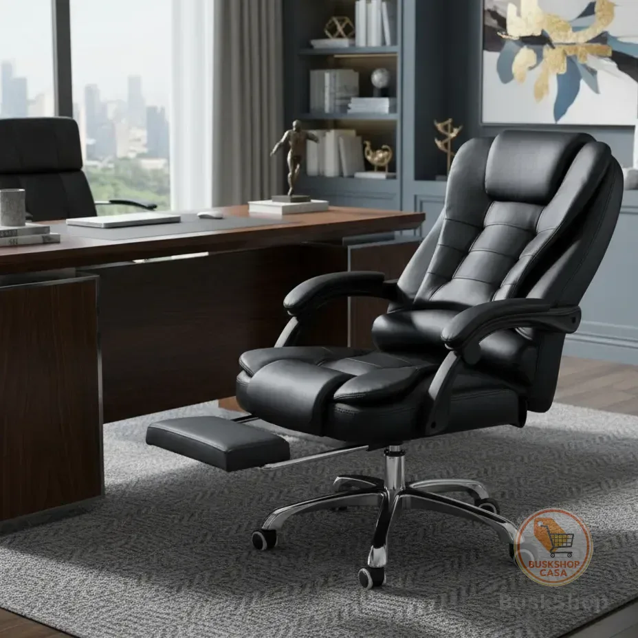 Cadeira De Escritório Presidente Ergonômica Python Fly Couro Sintético Encosto Ajustável Com Trava E Apoio Para Pés Cor Preta Preto