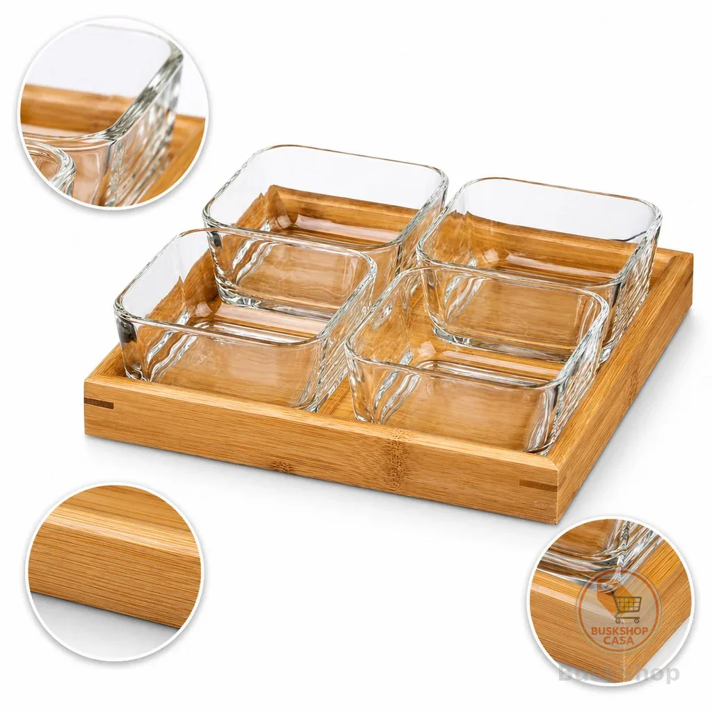 Kit Petisqueira 4 Bowls 290Ml Bandeja Bambu 04 travessas de vidro Aperitivo