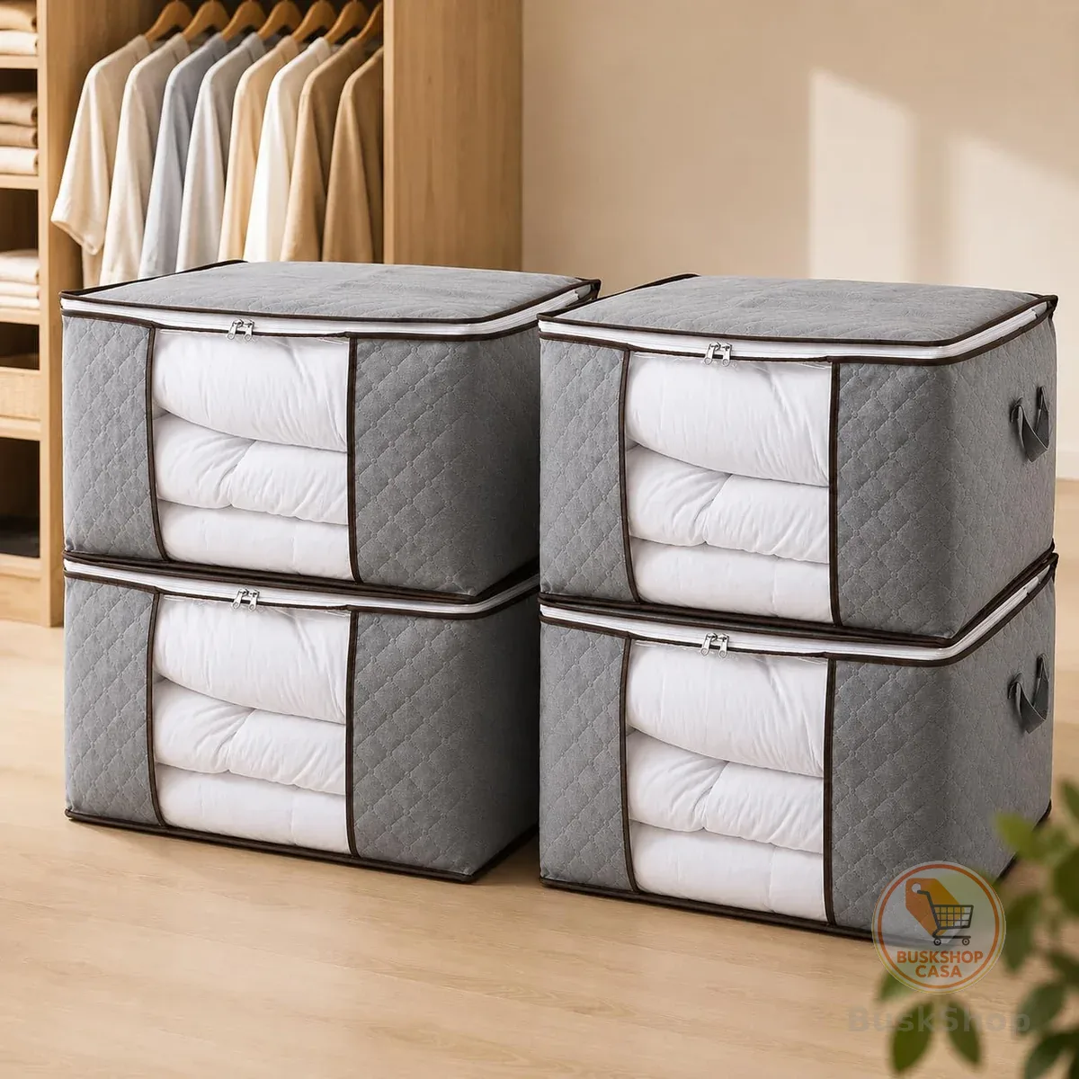 Kit 4 Caixas Organizadoras 90L Dobráveis - Zíper Reforçado, Visor Transparente e Alças Fortes, Ideal para Edredons, Roupas, Cobertores e Closet, Empilhável e Economize Espaço Premium