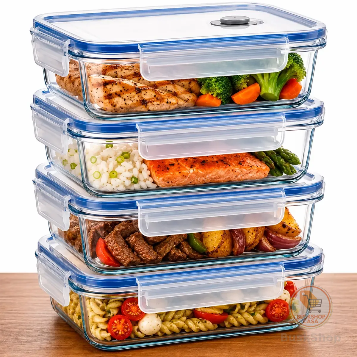Kit 4 Potes de Vidro Herméticos Retangulares 1040ml com Tampa – Marmitas, Freezer, Micro-ondas e Lava-louças – Empilháveis, Vedação Antivazamento, Organização Completa da Cozinha