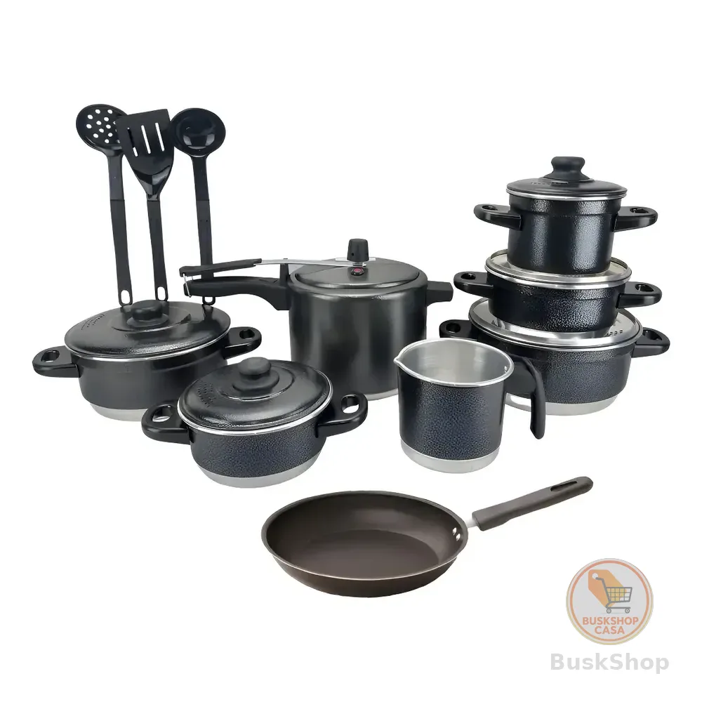 Jogo De Panelas Extra Forte Luxo 12 Peças Com Panela De Pressão E Frigideira Antiaderente Preto Craqueado