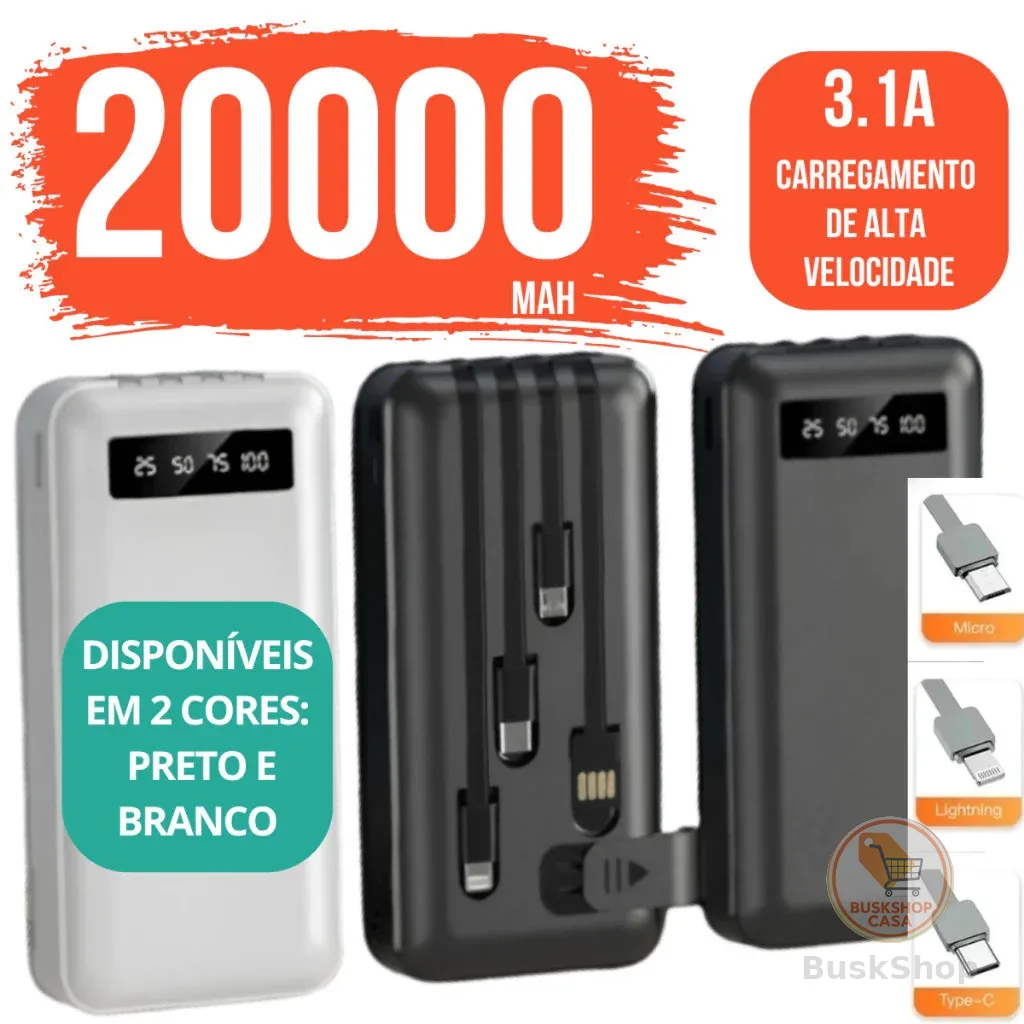 Carregador Power Bank Portátil de celular 20000mah Universal Saida 4 Cabos techo pro