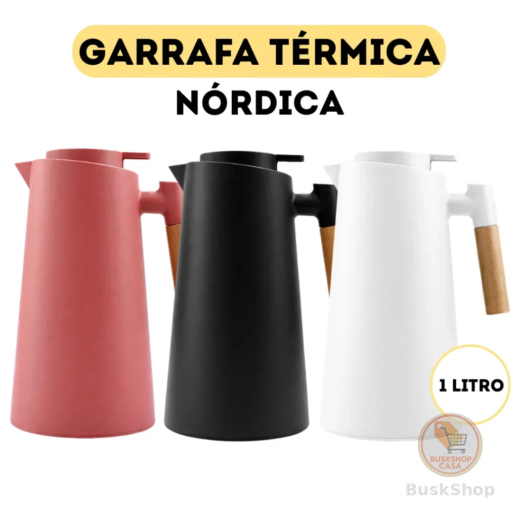 Garrafa Térmica Para Café e Chás No Estilo Nórdica Com Acabamento Luxo Com Cabo De Madeira 1 Litro