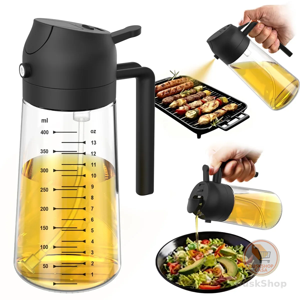 TrendPlain Pulverizador de azeite de oliva de vidro de 470 ml para cozinhar – Frasco dispensador de azeite 2 em 1 para utensílios de cozinha e acessórios de fritadeira de ar, salada, churrasco - preto