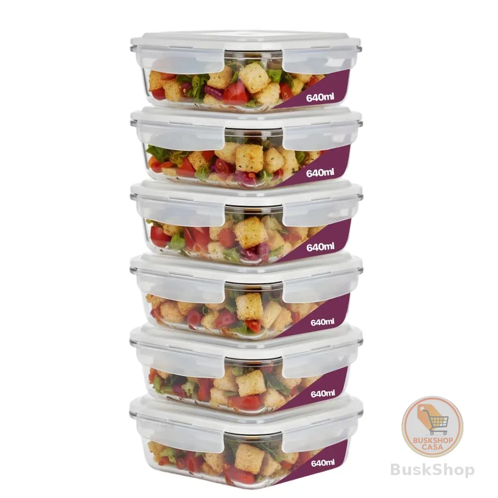 Kit 6 Potes de Vidro Borossilicato Retangular 640ml Marmita Com Tampa Hermética 4 Travas Resistente Livre de BPA Ideal para Conservação de Alimentos Freezer Micro-ondas Lava-louças Premium