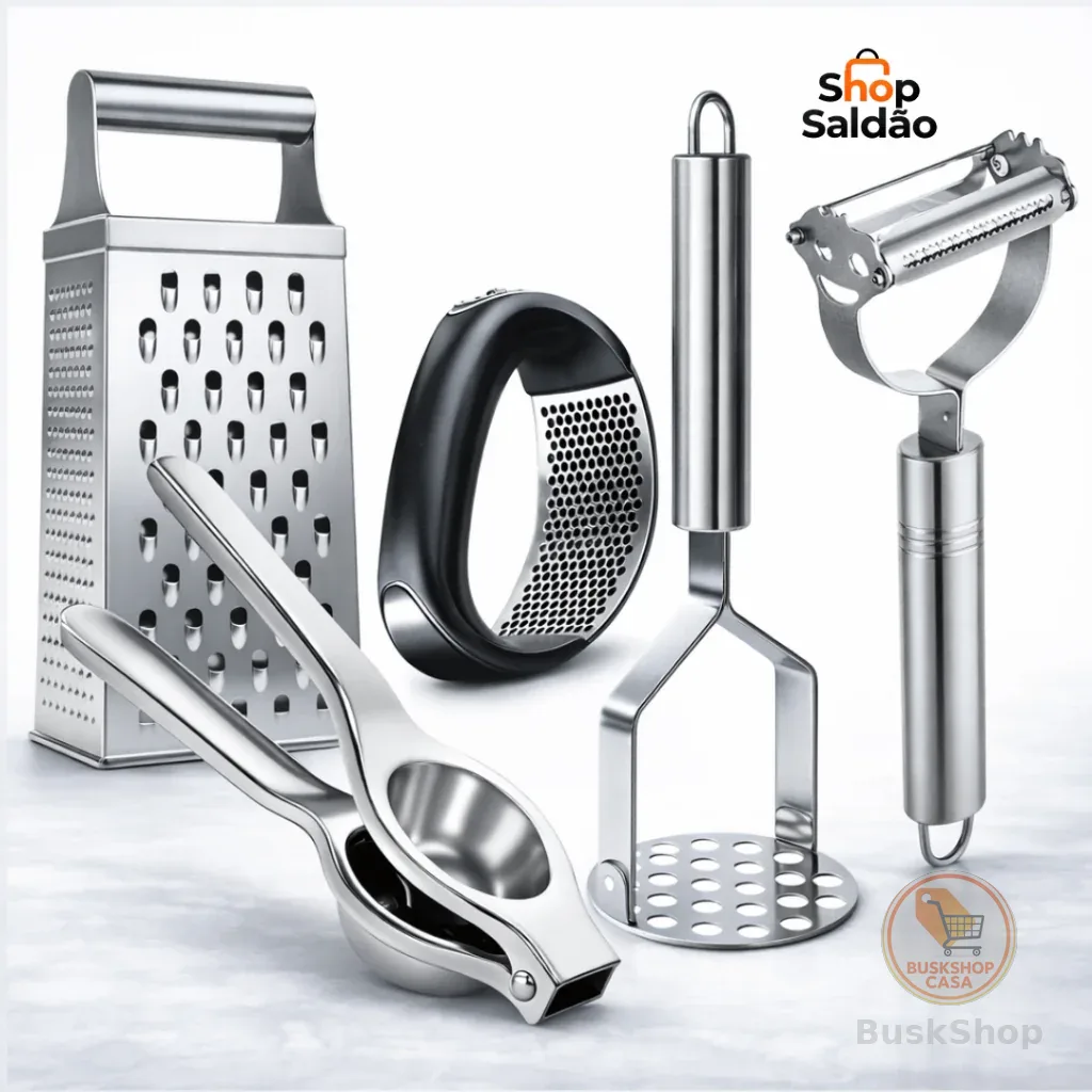 Kit Utensílios Inox 3 ou 5 Peças – Amassador, Espremedor, Descascador e Mais (Escolha a Variação)