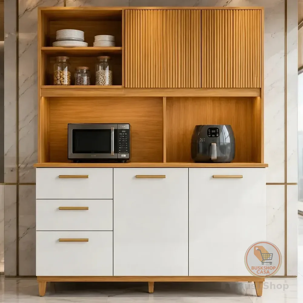Kit Armário Compacto Kit Cozinha Poliman Com 5 Portas 2 Gavetas Sicília Médio Mdp Pintura Uv Branco Organizador Design Moderno Cor Freijó Off Ripado Frisado