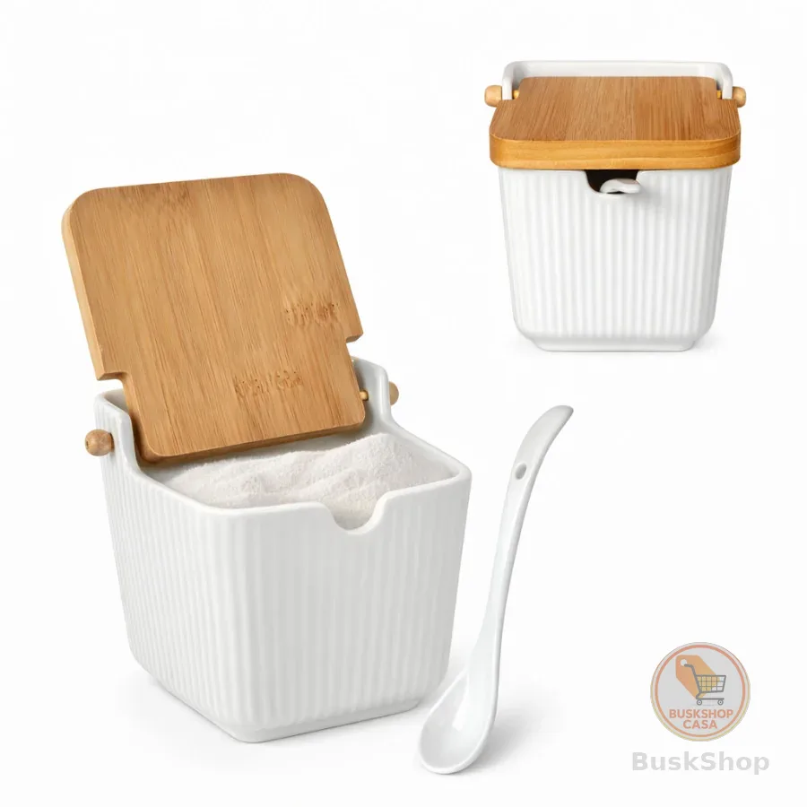 Saleiro De Porcelana Com Colher Tampa Em Bambu 300ml Oásis