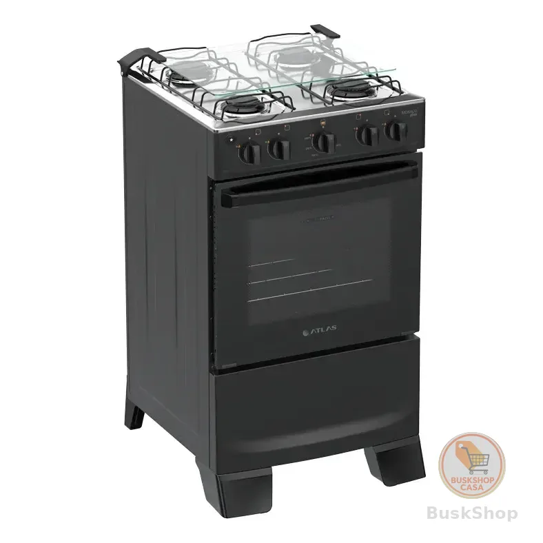 Fogão 4 Bocas Atlas Mônaco Plus Com Mesa De Inox Automático Preto Bivolt 127/220v