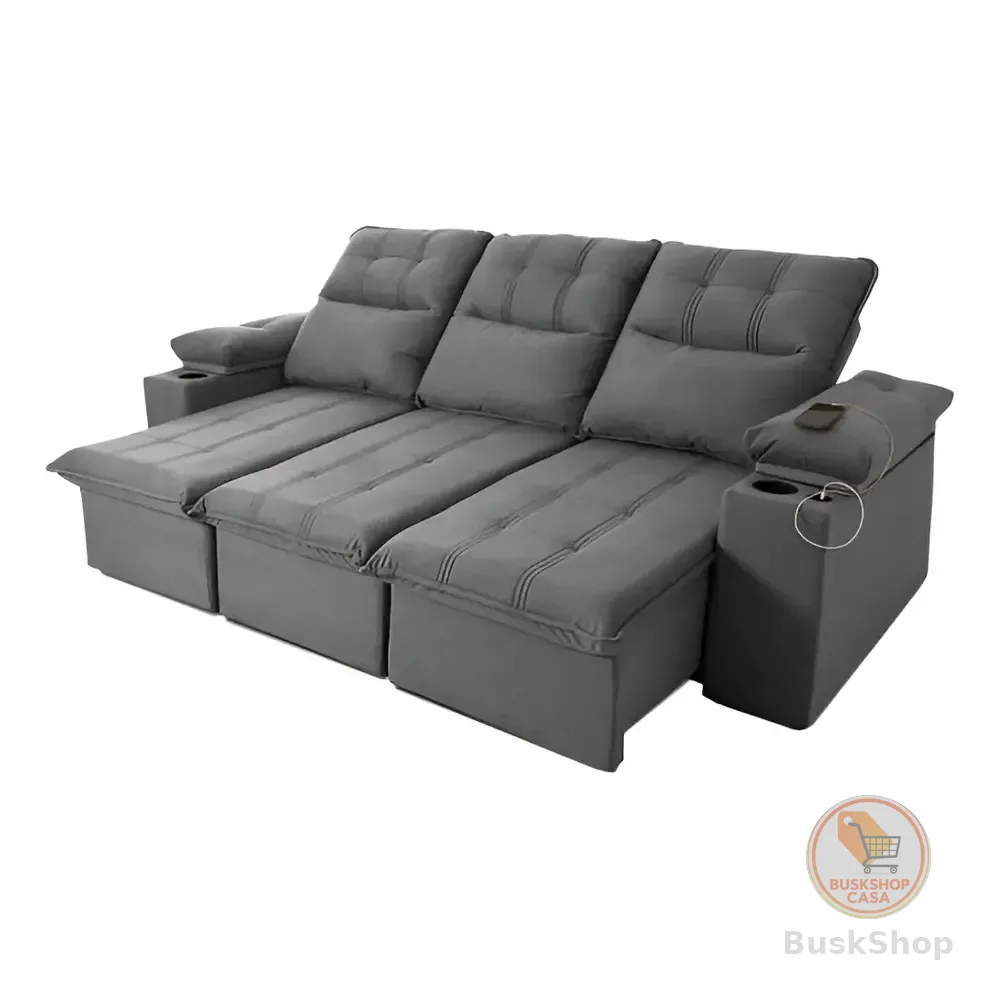 Sofá Retrátil Reclinável Verona Usb E Porta Copo 2,30m Cinza Liso