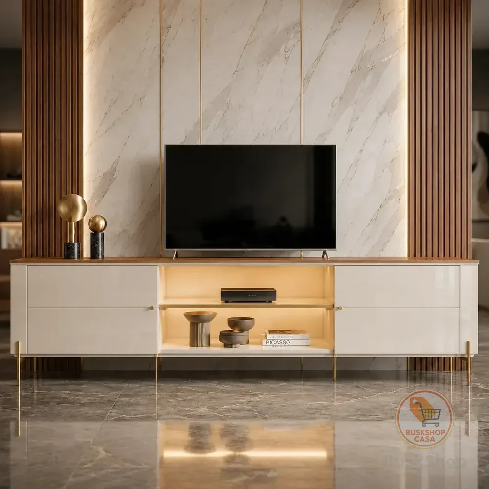Rack Bancada Suporta Tv Até 75 Com Led 180 Design Moderno Sofisticado Brasília 791 Mobler Off White Canela Sala Moderna