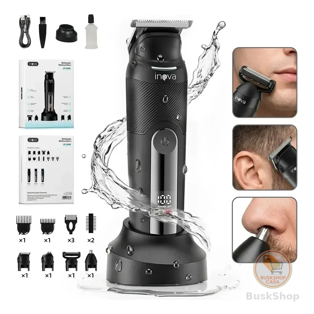 Barbeador Elétrico 5 Em 1 Inova Multigroom, Para Barba E Corpo Com 8 Pentes E Led Preto-2 127/220v
