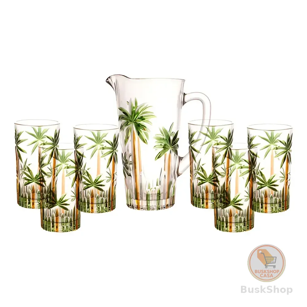 Conjunto Jarra Com 6 Copos Cristal Palm Tree Handpaint Wolff Coqueiros