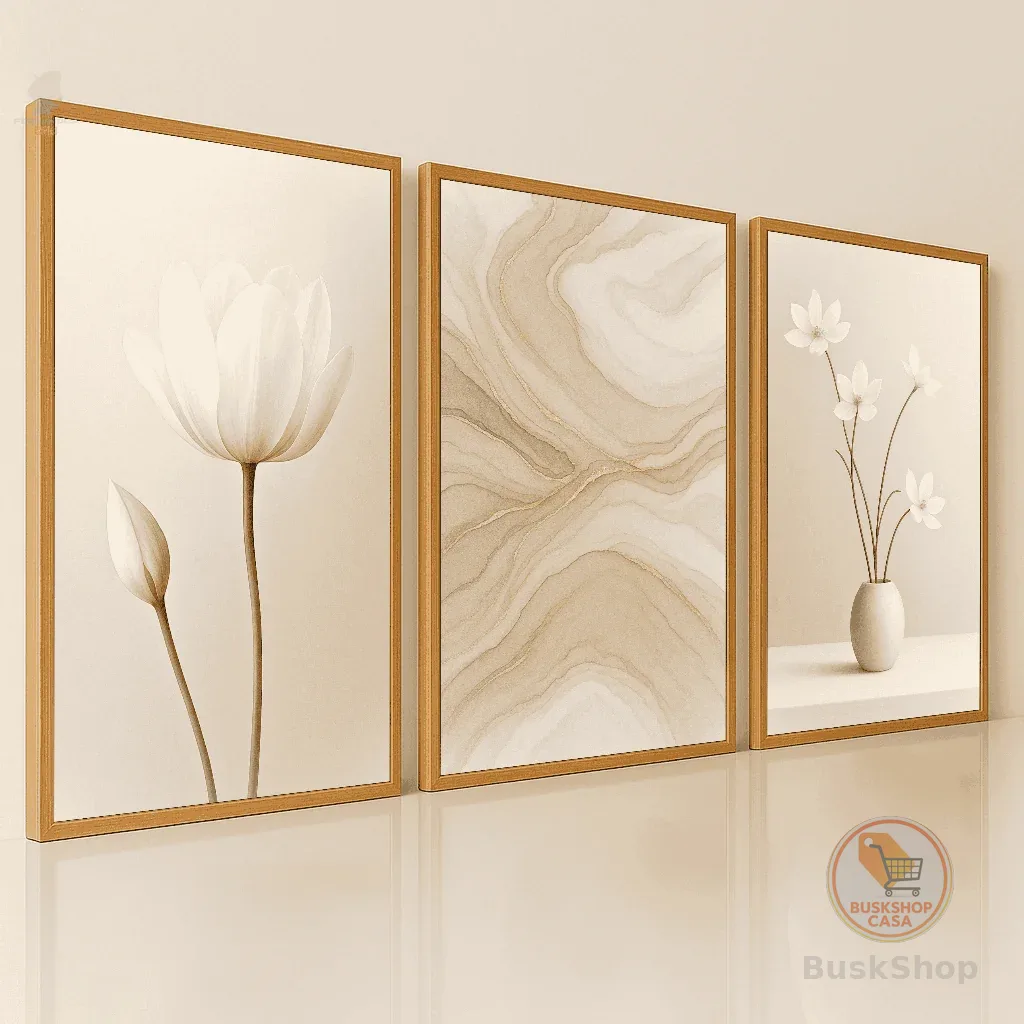 Quadros Decorativos Trio Minimalistas Flor e Mármore Bege Clean Sala Quarto