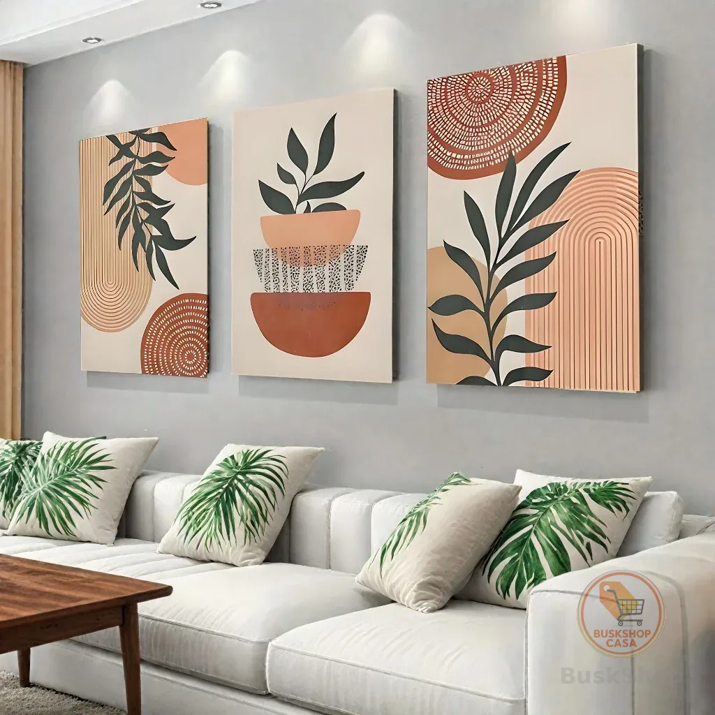 Kit 3 Quadros Decorativos Quarto e Sala 40x60 Planta Tropical - Linhas Geométricas Folhas Moderno
