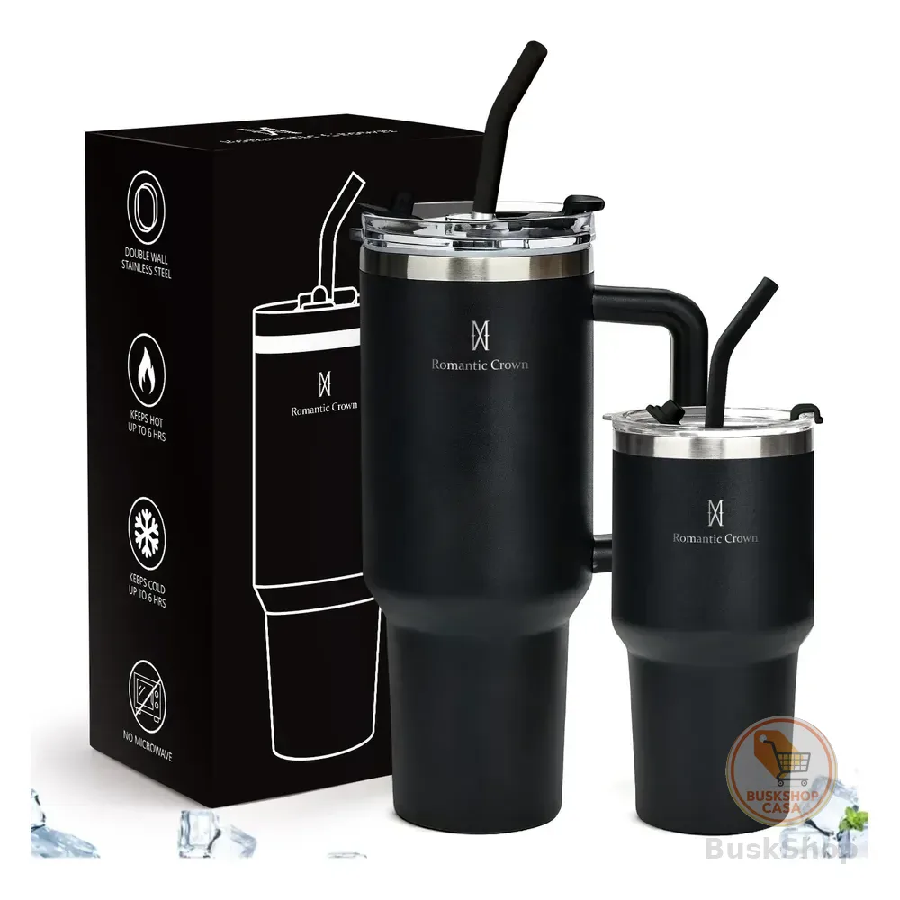 Kit Copo Térmica Inox 1200ml & 600ml Com Tampa E Inox Canudo Preto Cor Pura