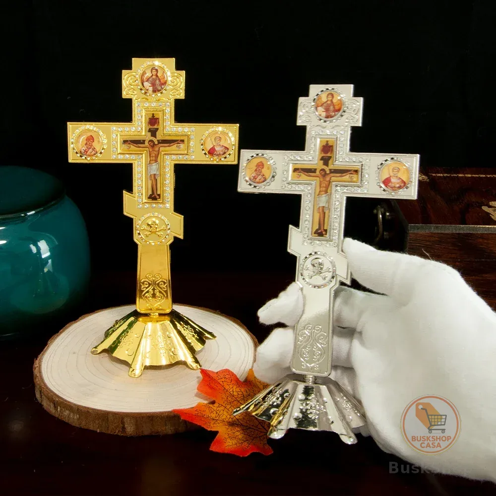 Novo Crucifixo Ortodoxo de Mesa Dourado Prateado com Ícone Bizantino, Cruz de Jesus e Santos, Golgotha, Strass, para Altar, Igreja, Presente Cristão