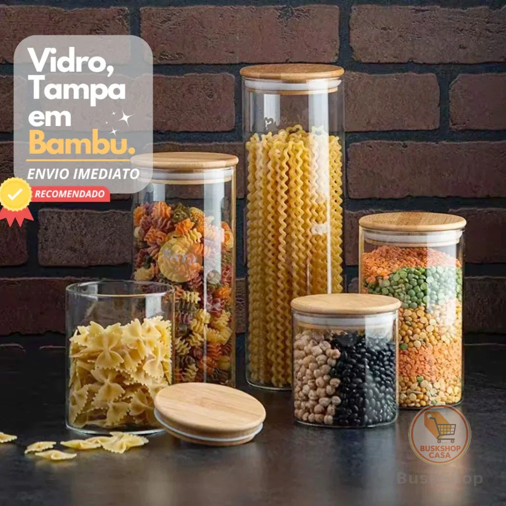 Kit Com 5 Potes Vidro Com Tampa Bambu Super Vedação hermético Conjunto porta mantimento
