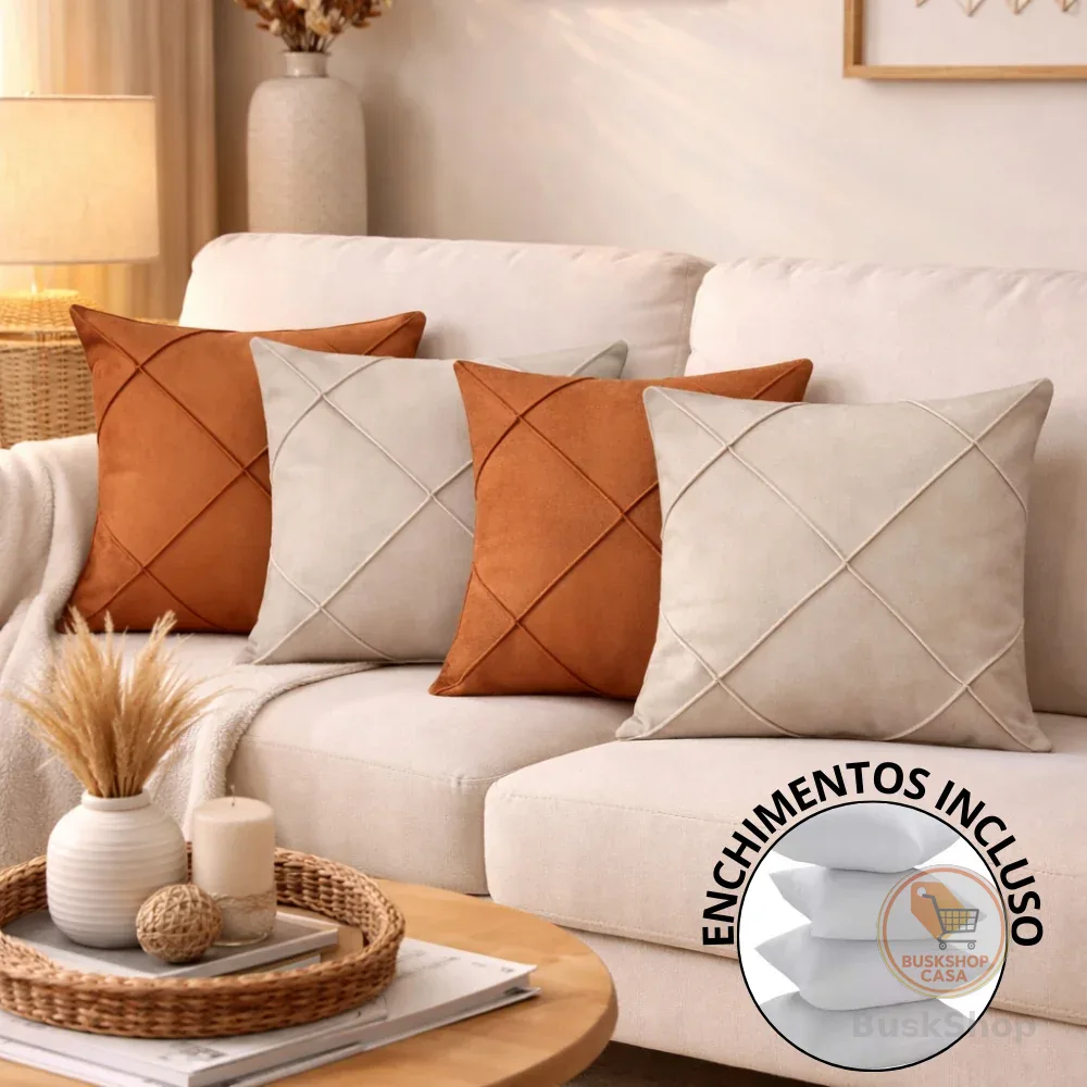 Kit 04 Almofadas Cheias Suede Drapeada 43x43cm Decorativas Sala Quarto Sofá