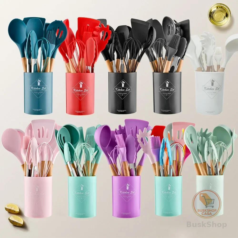 5/12 Peças Utensílios De Cozinha Colheres Espatula Silicone Cabo Madeira Decoração Livre BPA