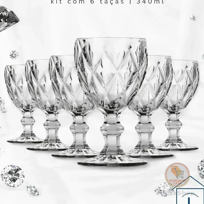 Jogo Kit 6 Taças Vidro 340ml Diamond Luxo Moderno Agua Transparente