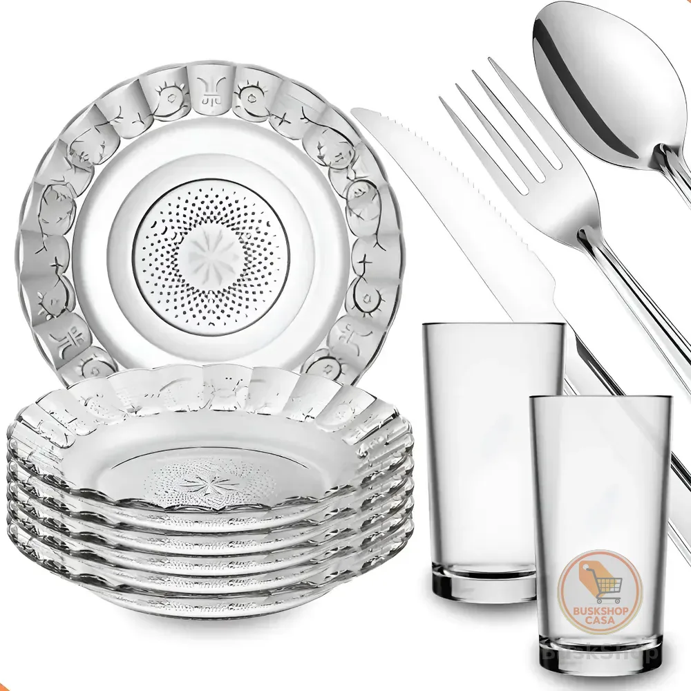 Aparelho De Jantar 30 Peças - Pratos + Copos + Talheres Inox