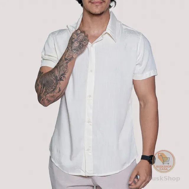 Camisa De Linho Masculina Manga Curta Para Verão Moda Praia