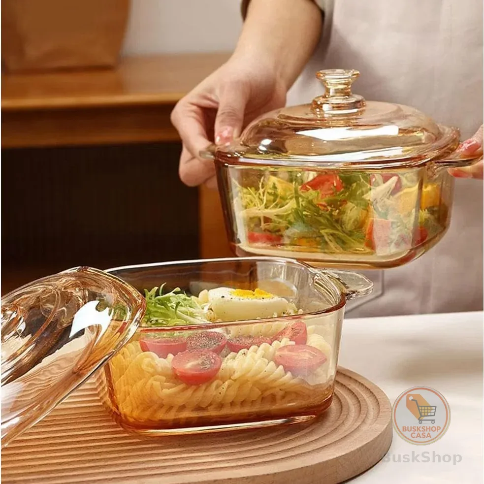 Tigela/Travessa  com tampa Âmbar Elegante em Vidro 850ml/800ml– Ideal para Servir, Decoração e Mesa Posta
