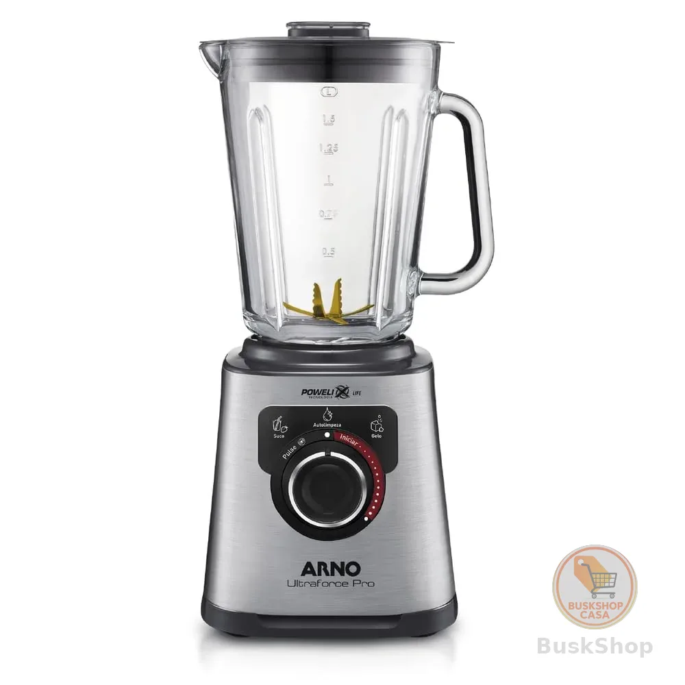 Liquidificador Arno Ultraforce Pro 1100W LN93, com App de Receitas, 6 Lâminas Powelix Life, Jarra de Vidro 2L, Resistente a Choque Térmico e Corpo Inox, Tecnologia Limpa Fácil, 220V