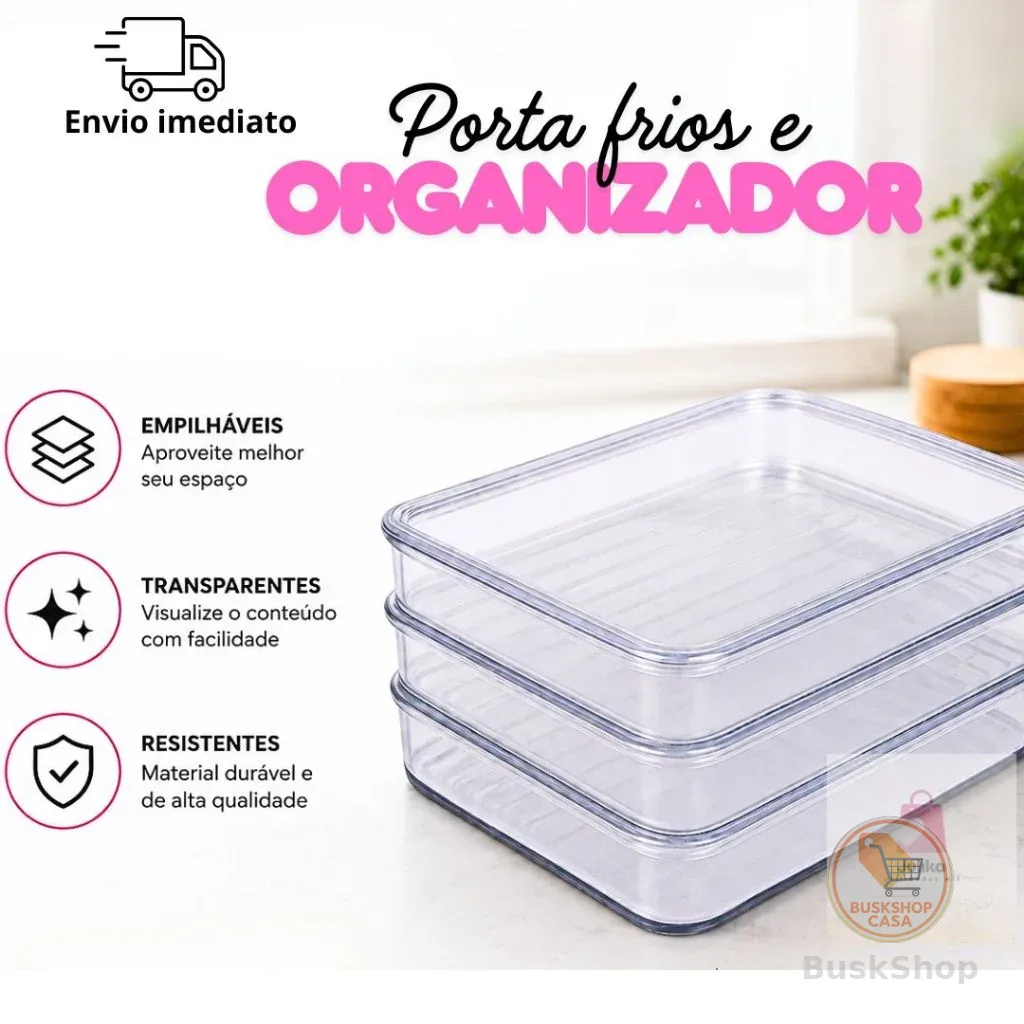 Organizador de Geladeira Porta Frios Kit 3 Potes Transparentes com Tampa Empilháveis