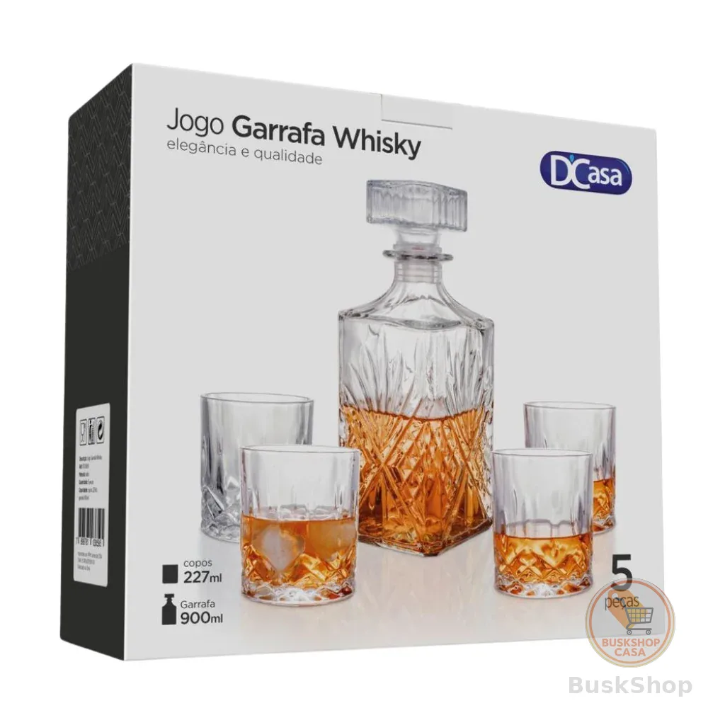 Kit Licoreira Garrafa De Vidro Para Whisky + 4 Copos De Whisky Mini Bar Em Casa Decoração Cristal Uisque DCasa