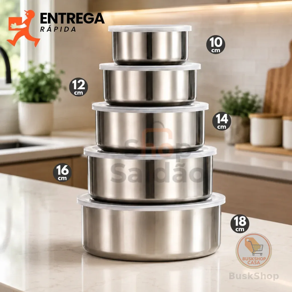 Kit 5 Tigelas Inox Com Tampa Potes Redondos 285ml a 1430ml Jogo de Pote Hermético Cozinha